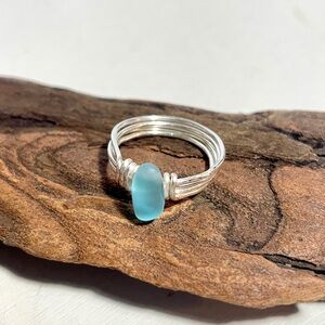 Artisan Sea Glass Silver Plated Wire Wrapped Ring Size 6.5